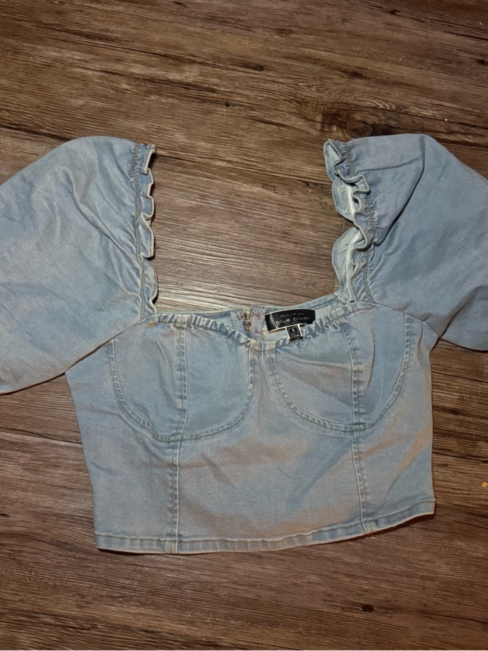 Light Blue Denim Puff Sleeve Crop Top
